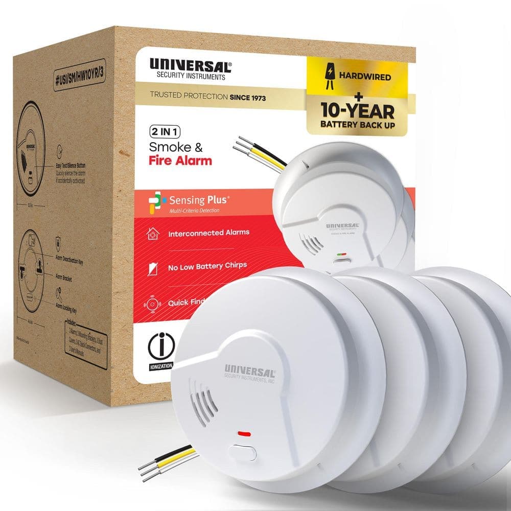 Universal Security Instruments (3-Pack) Hardwired & 10-Year Battery Backup Smoke Detector with Ionization Sensor