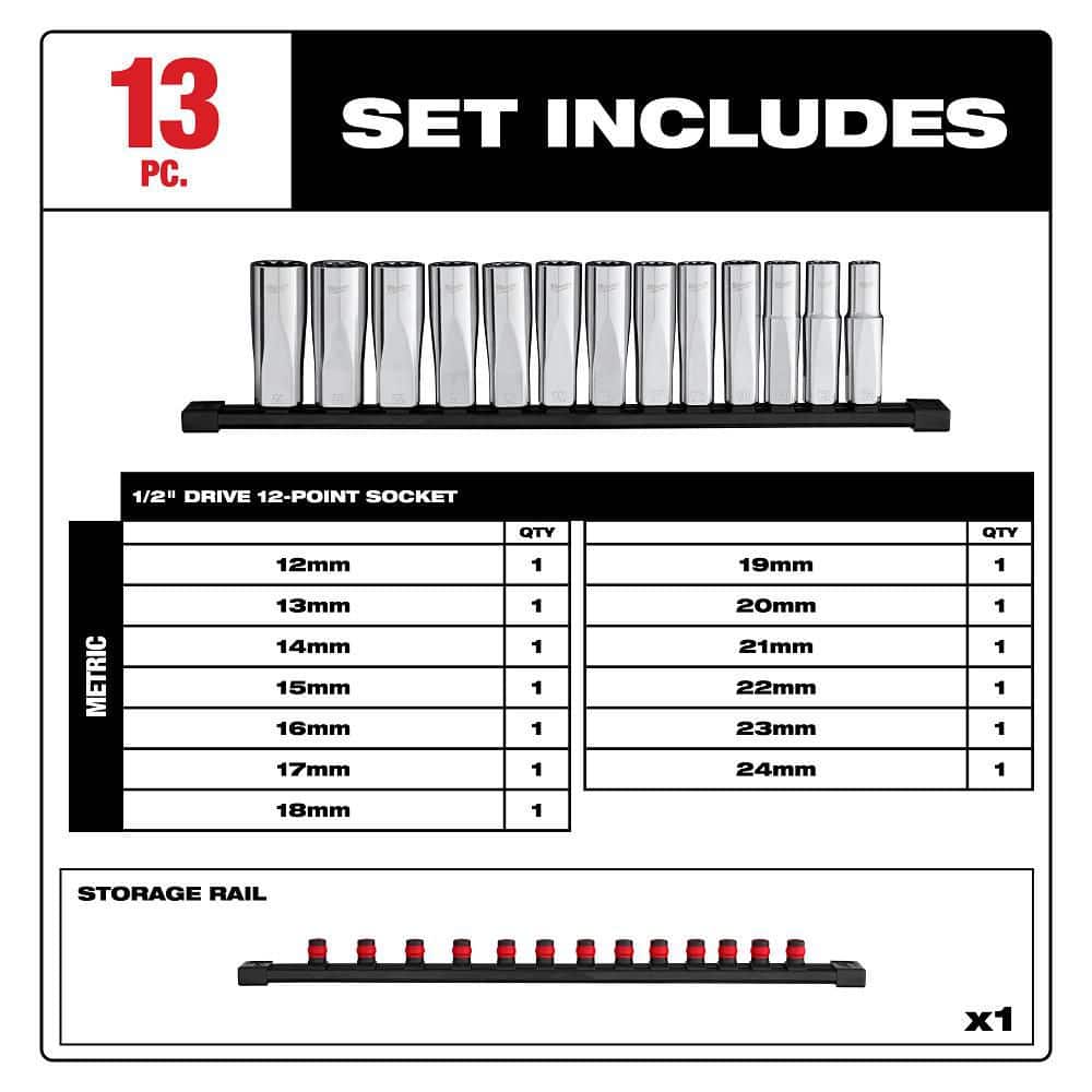 Milwaukee 1/2 in. Drive Metric Deep Well 12-Point Socket Set (13-Piece) (2)