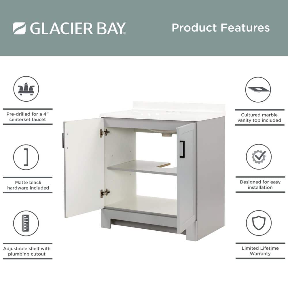 Glacier Bay Oakley 31 in. Single Sink Pearl Gray Freestanding Bath Vanity with White Cultured Marble Top (Assembled) (4)