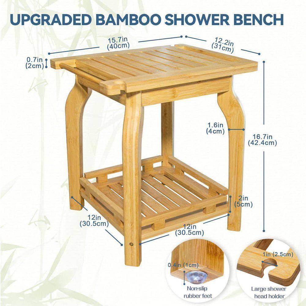 JFVKAF 16 in. W Waterproof 2-Tier Wood Shower Stool in Bamboo with Storage Shelf for Seniors Adults Disabled (2)