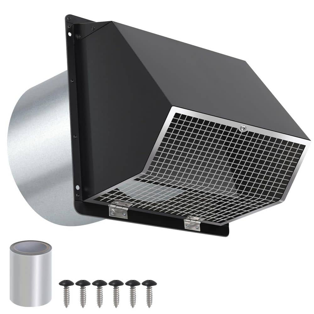 Helhom 8 in. Black Hooded Wall Exhaust Vent with Screen and Damper, Galvanized Steel, 1-Pack (1)