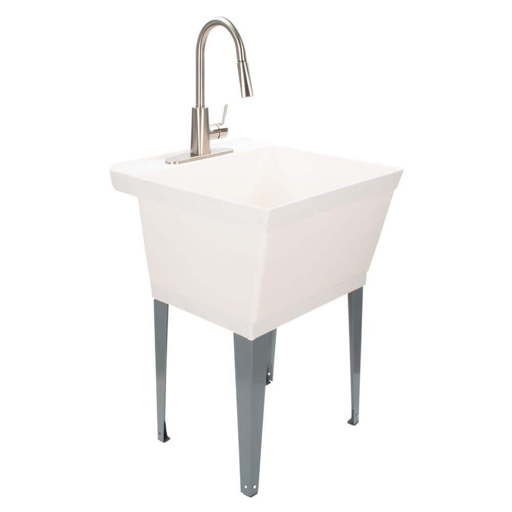TEHILA Complete 22.875 in. x 23.5 in. White 19 Gal. Utility Sink Set with Metal Hybrid Stainless Steel Pull-Down Faucet