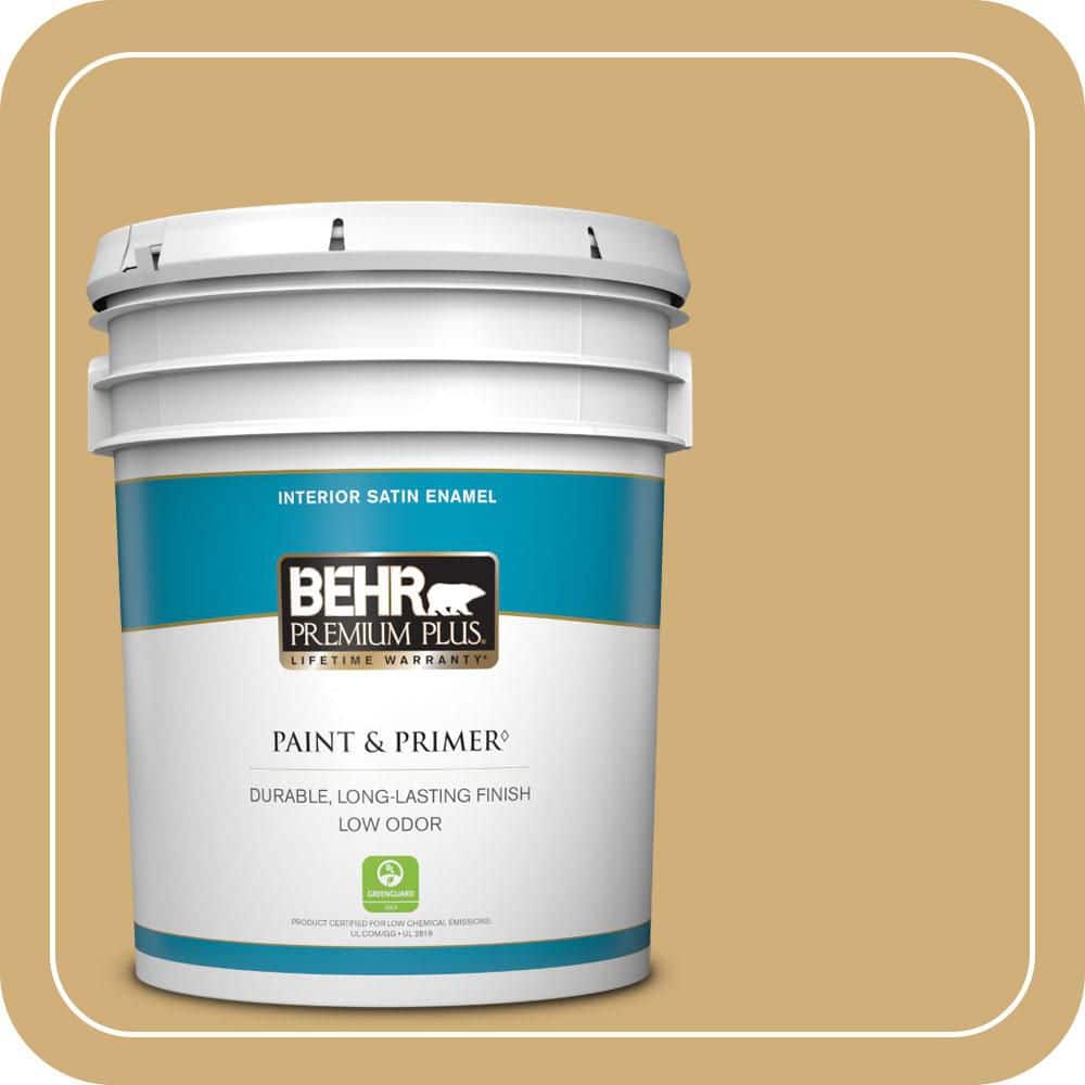 BEHR PREMIUM PLUS 5 gal. #PPU6-15 Romanesque Gold Satin Enamel Low Odor Interior Paint & Primer
