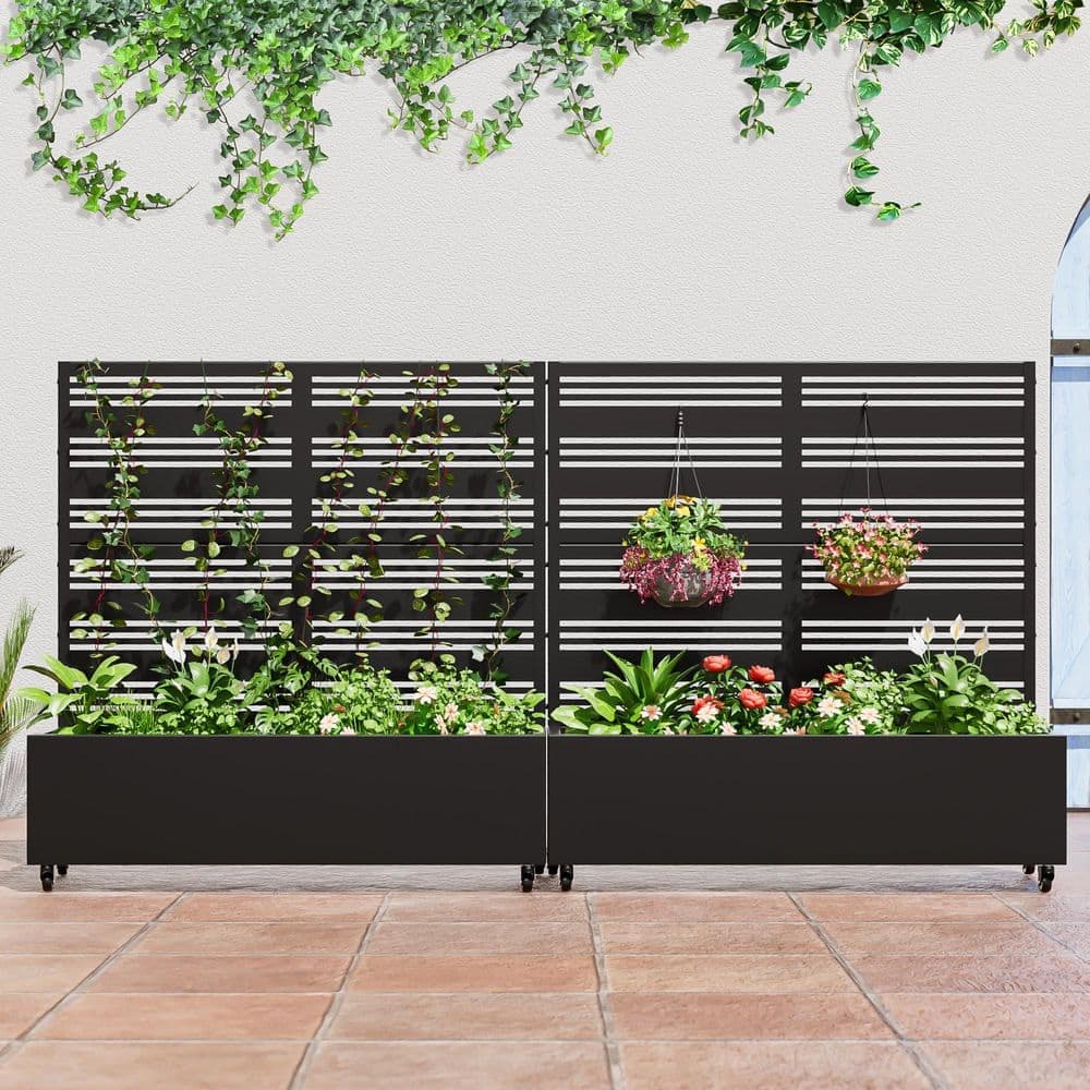 Dovelina Set of 2-49 in. x 16 in. x 47 in. Black Metal Iron Planter Box with Attached Trellis for Climbing Vegetation (1)