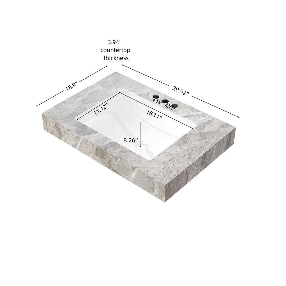 Unbranded Elegant 29.92 in. Undermount Bathroom Sink in Light Gray Sintered Stone with Ceramic Basin, Pre-drilled Faucet Holes (2)
