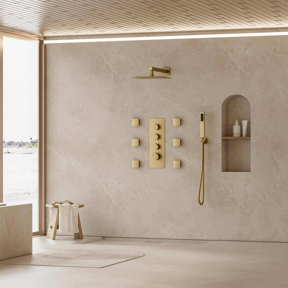 YAWWALK Rainspire 7-Spray 12 in. Wall Mount Square High Pressure Shower System with 6-Jets in Brushed Gold (Valve Included) (3)