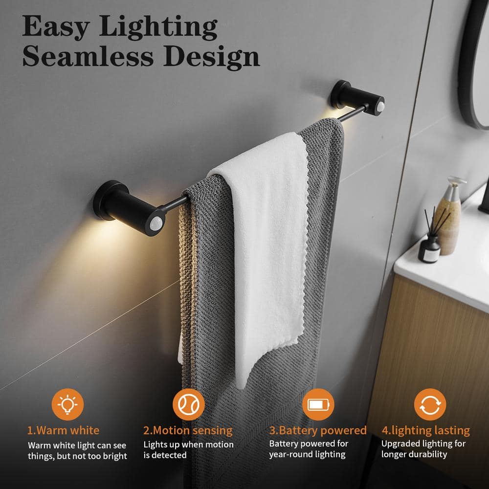 BWE 24 in. Wall Mounted Towel Bar Motion Sensing, Night Light, Towel Holder for Bathroom in Matte Black (3)