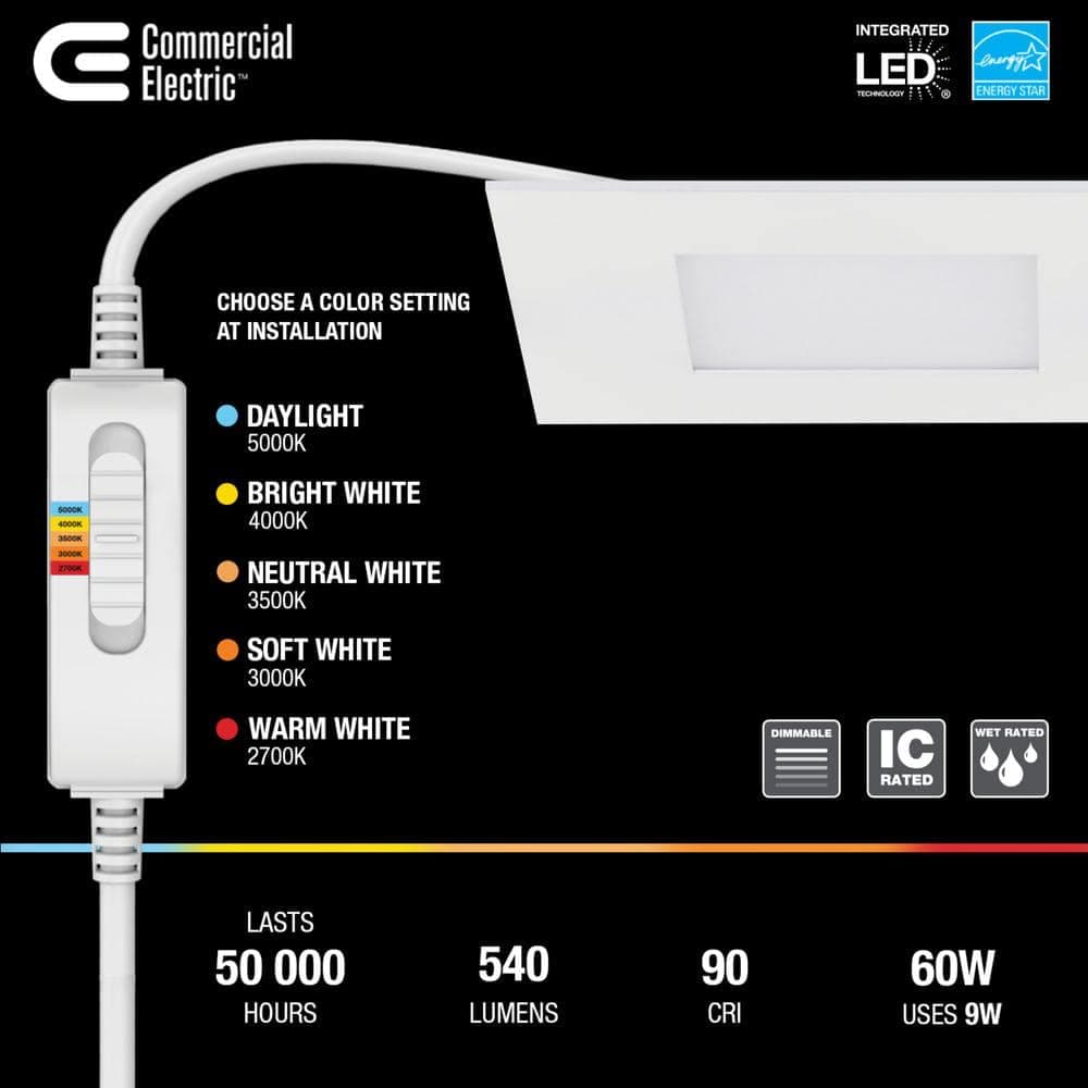 Commercial Electric 4 in. Premium Series Adjustable CCT 2-Level Lumen Select Dimmable Integrated LED Square Canless Recessed Light, White (3)