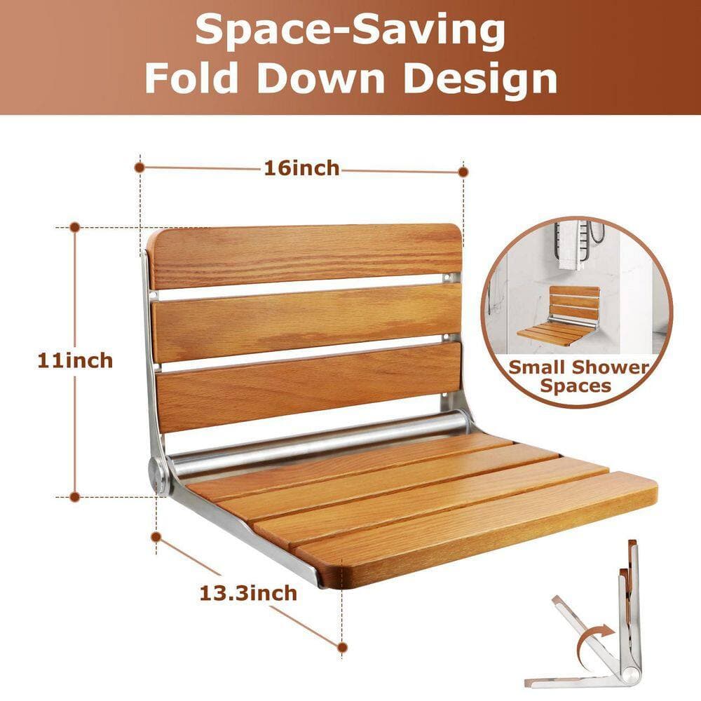 Wudkey Wall-Mount 16 in. W Space-Saving & Pinch-Proof, 304 Stainless Steel & Wood, Folding Shower Seat, in Natural (2)