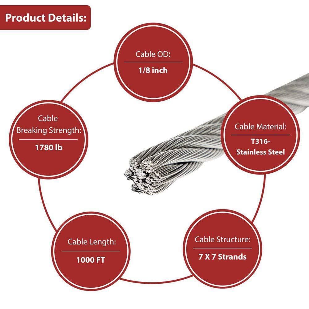 KIWDZFU 5.91 in. H x 8.27 in. W Silver T316 1000 ft. Stainless Steel Cable Kit with Cutter, 1/8 in. DIY Wire, Stair Railing Kit (3)