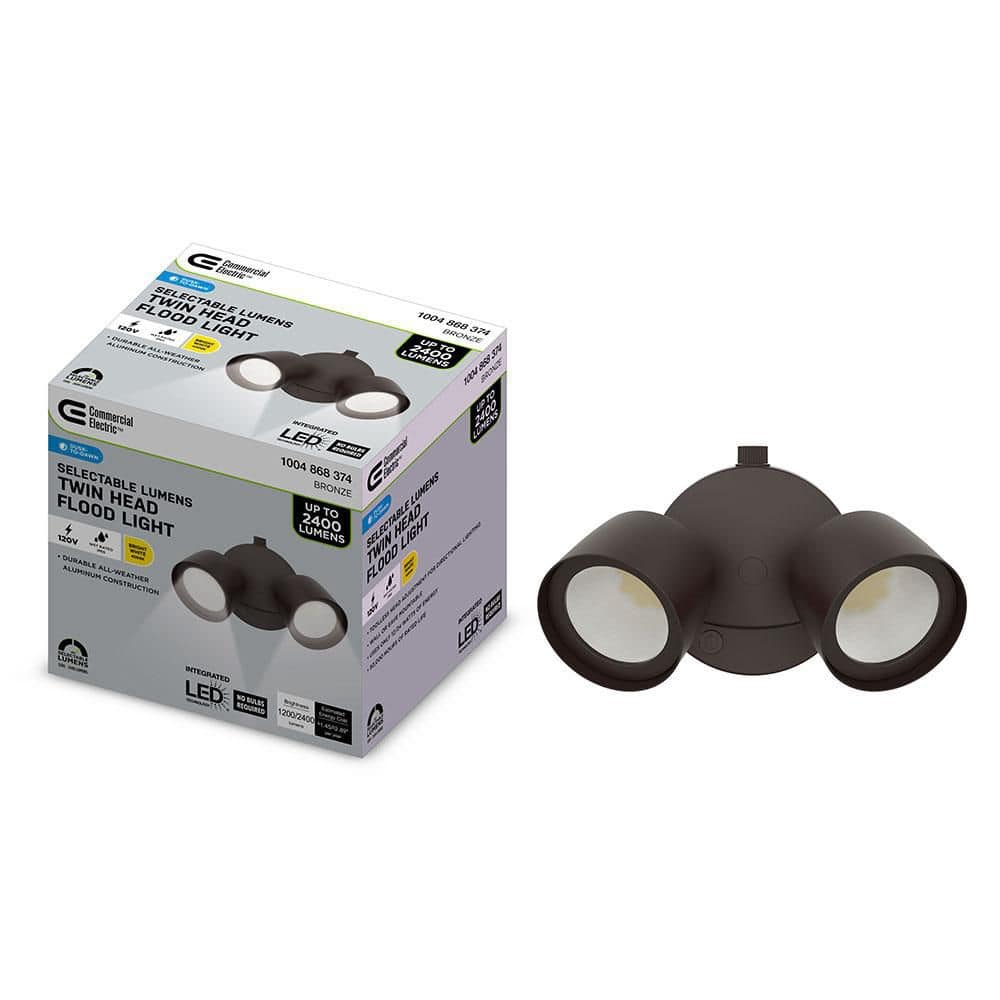 Commercial Electric Dusk to Dawn Sensor Bronze Exterior Outdoor Twin Head Integrated LED Security Flood Light 24-Watt 1200 to 2400 Lumen (2)