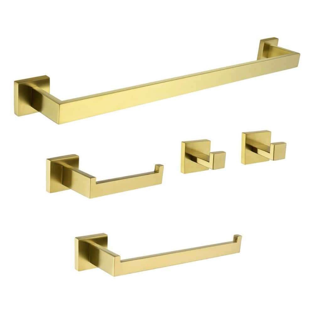 Heemli Modern 5-Pieces Stainless Steel Bath Hardware Set with Towel Ring Toilet Paper Holder Towel Hook and Towel Bar in Gold