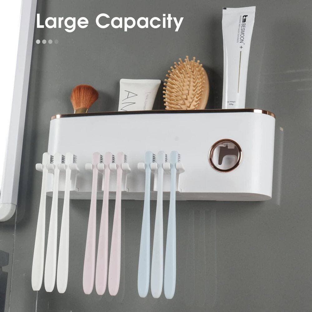 Wudkey 1-Pack 3 Cups Wall Mounted Toothbrush Holders, Bathroom Accessories with Toothpaste Dispenser in White (2)