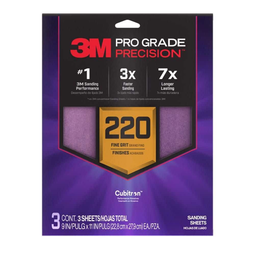 3M Pro Grade Precision 9 in. x 11 in. 220 Grit Faster Sanding Sheet With No-Slip Grip Backing (3-Pack)
