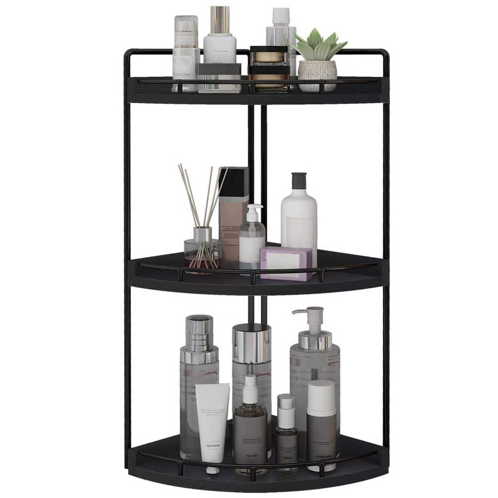 Numhew 3-Tier Corner Bathroom Organizer Countertop for Storage, Wood Counter Organizer for Kitchen, Bathroom in Black