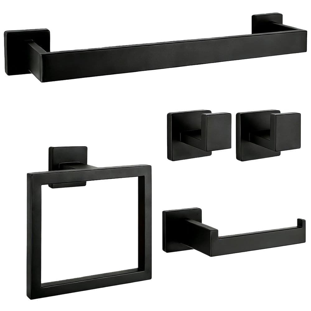 Wudkey 5-Piece Stainless Steel Bathroom Hardware Accessories Set, Towel Racks for Bathroom Wall Mounted in Matte Black (1)