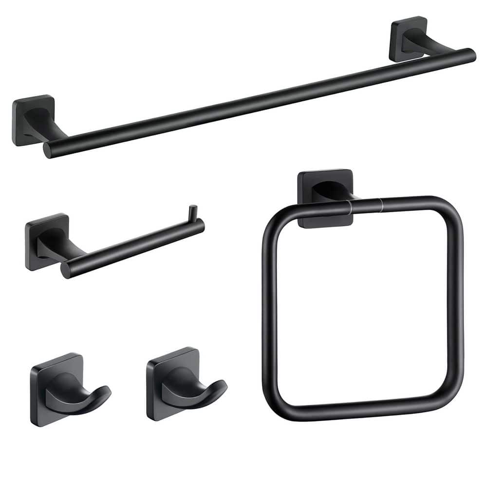 ruiling Wall-Mount 5-Piece Bath Hardware Set with 24 in. Towel Bar Toilet Paper Holder Towel Ring Towel Hooks in Matte Black