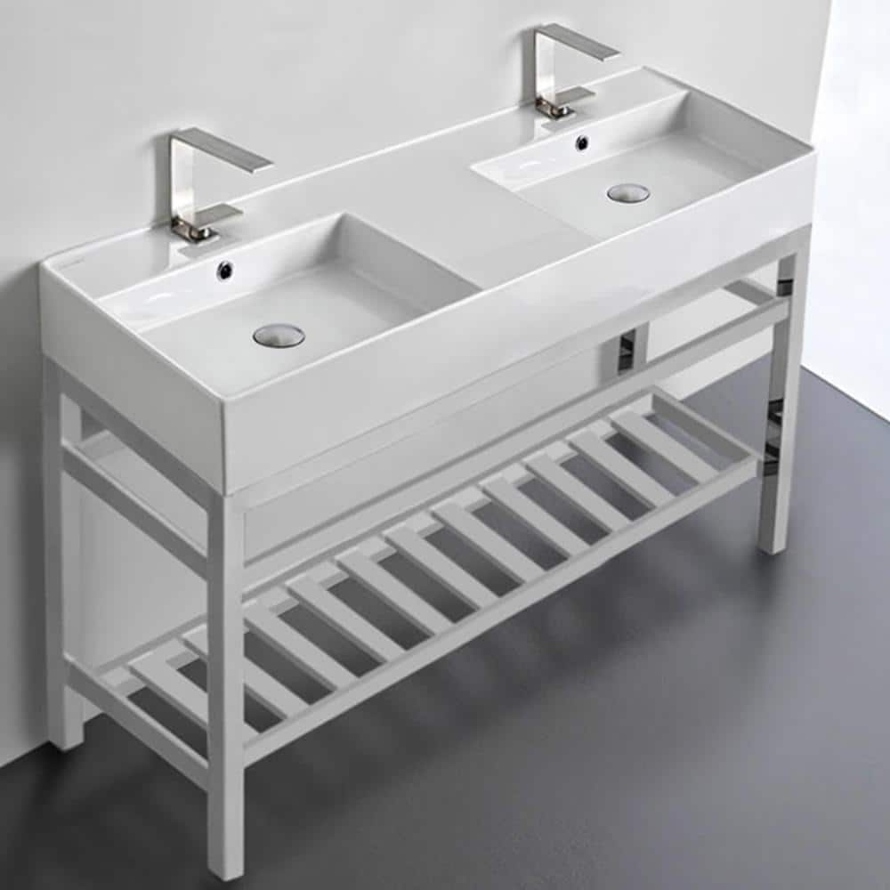 Nameeks Teorema 2-Ceramic Console Double Sink Basin in White with Chrome Legs (2)