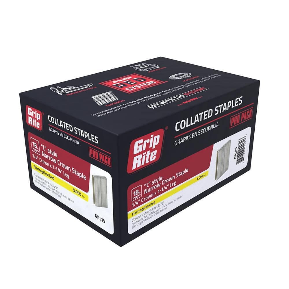 Grip-Rite 1/4 in. x 1-1/4 in. 18-Gauge Adhesive Collated Electrogalvanized L-Style Narrow Crown Finishing Staples 5000 per Box (3)