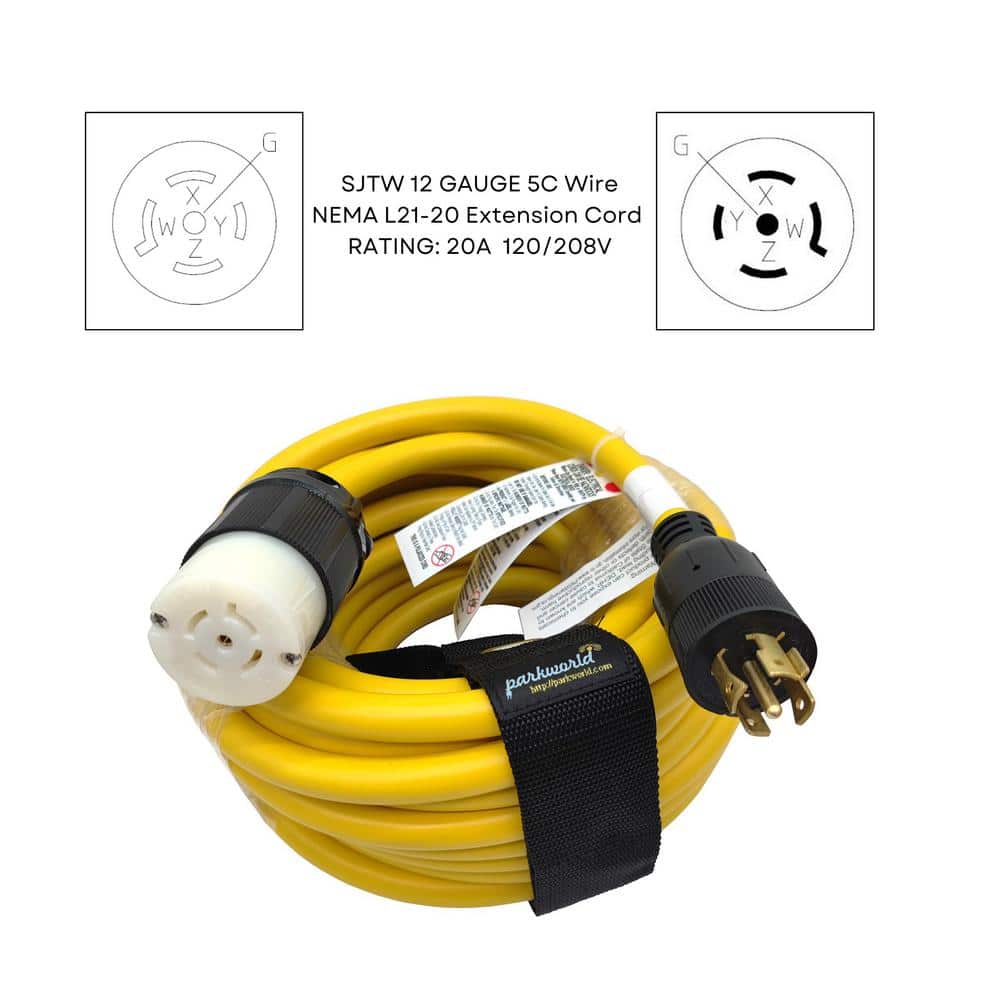 parkworld 50 ft. 12/5 20 Amp 120/208V 5-Prong Indoor/Outdoor NEMA L21-20 Extension Cord (L21-20P to L21-20R), Yellow (3)