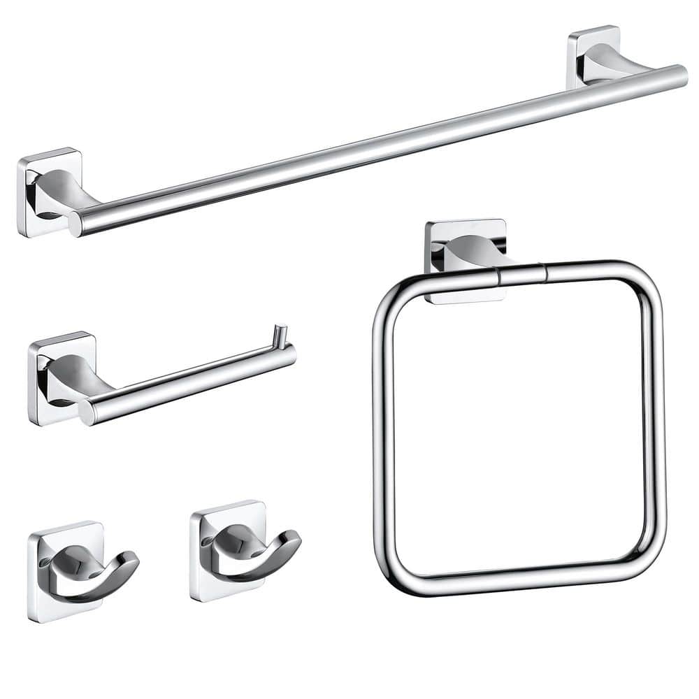 ruiling Wall-Mount 5-Piece Bath Hardware Set with 24 in. Towel Bar Toilet Paper Holder Towel Ring Towel Hooks in Polished Chrome