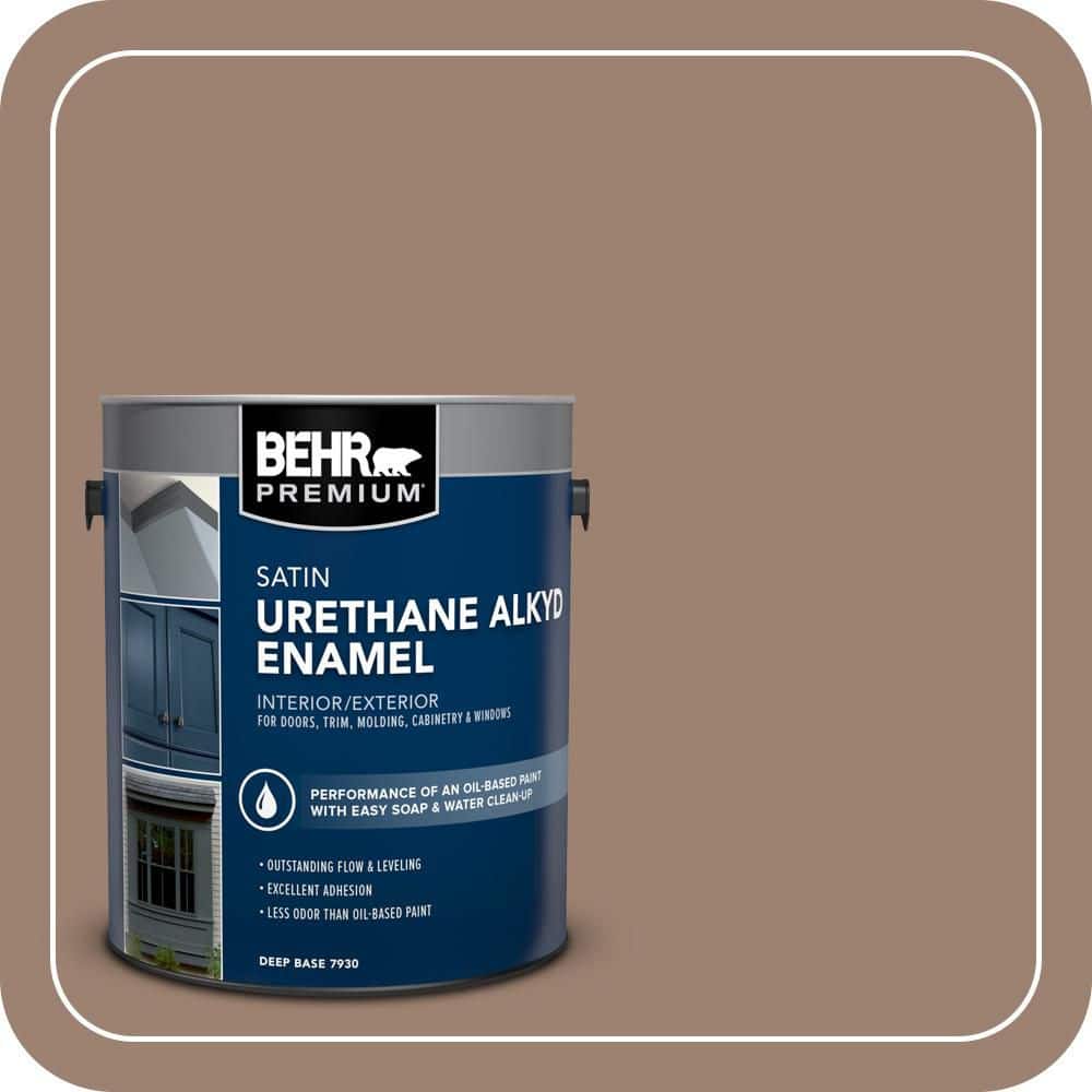 BEHR PREMIUM 1 gal. #AE-4 Pecan Brown Urethane Alkyd Satin Enamel Interior/Exterior Paint (1)