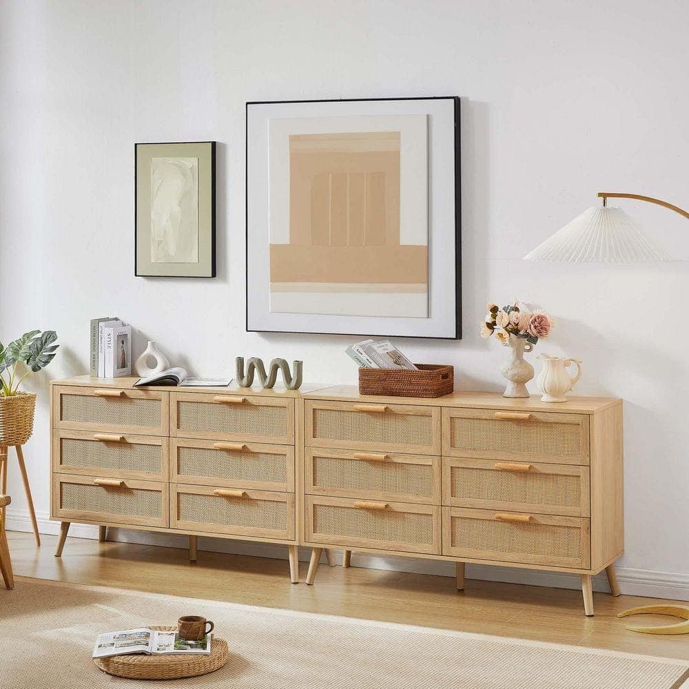 Unbranded 47 in. W x 16 in. D x 30 in. H Beige Linen Cabinet, 6-Double Bedroom Dresser with Rattan Drawers, Wood Chest of Drawers (3)