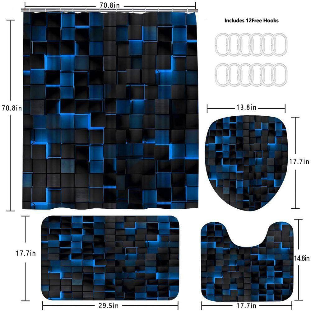 Unbranded 70.8 in. W x 70.8 in. L Polyester Shower Curtain Set 4 Piece Modern 3D Blue Black Bathroom Rugs Hooks (3)