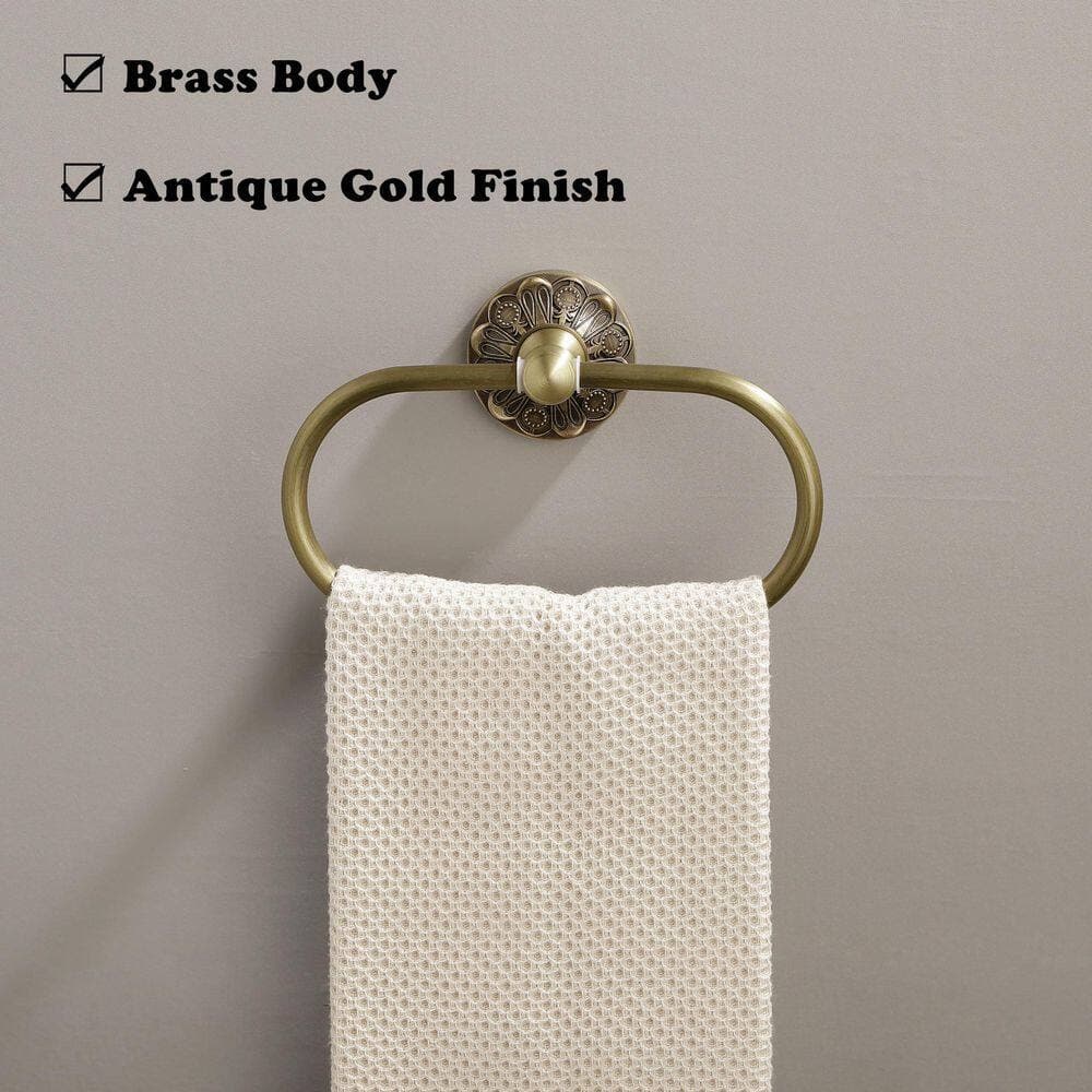 Wudkey Wall Mounted Towel Ring in Gold, Oval Hand Towel Holder, Vintage Decorative Accessories, Brass Petal-Relief Series (2)