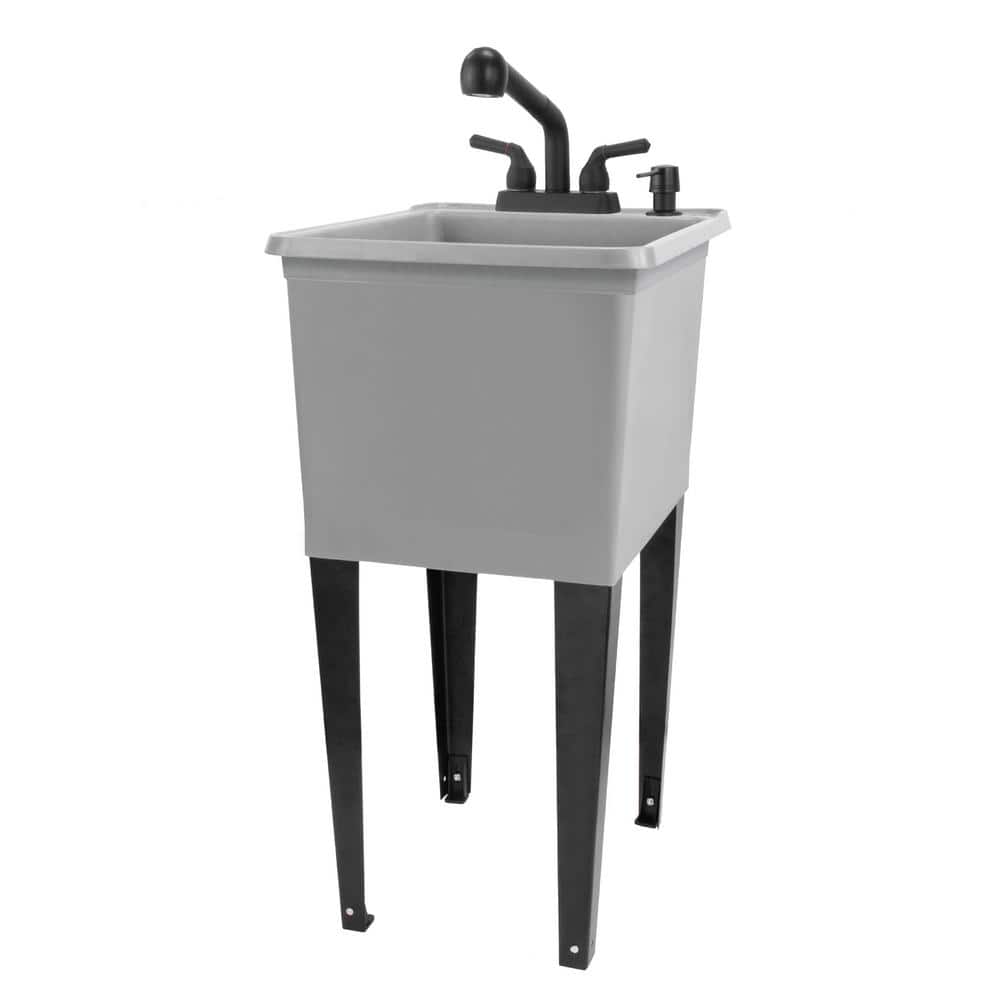 TEHILA 17.75 in. x 23.25 in. Thermoplastic Freestanding Space Saver Utility Sink in Grey - Black Faucet, Soap Dispenser