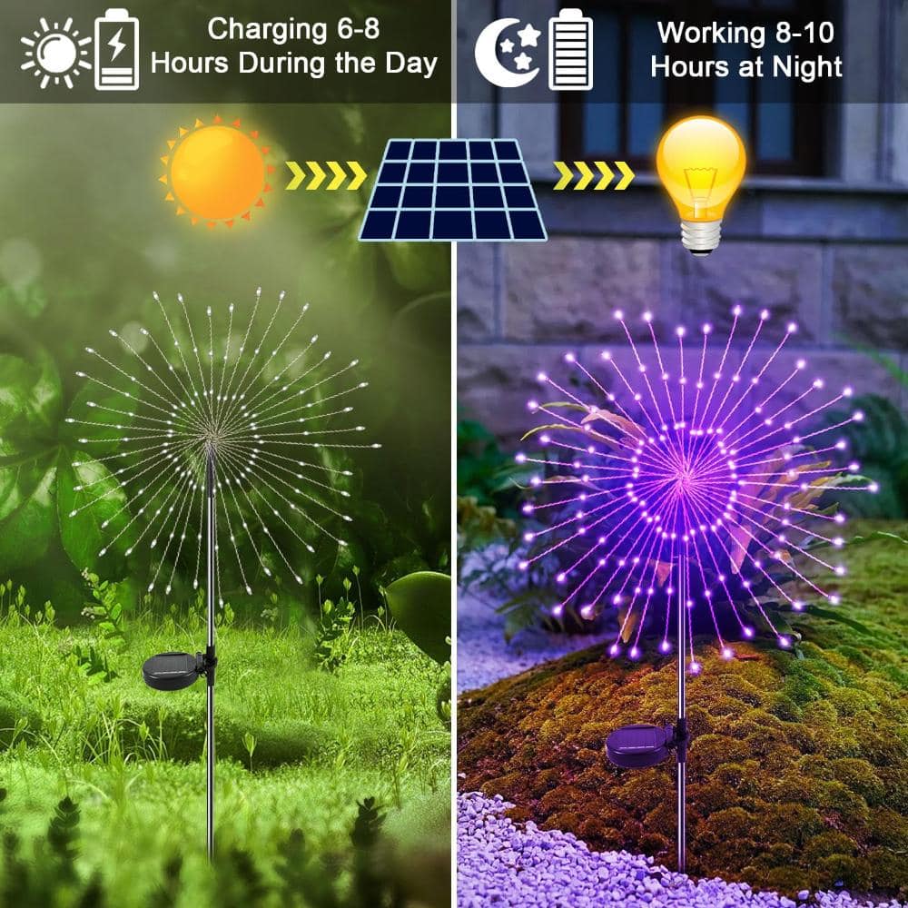 Unbranded Solar Garden Firework Lights 2 Pack 120 LED Twinkling Starburst Outdoor Waterproof Purple Yard Pathway (2)