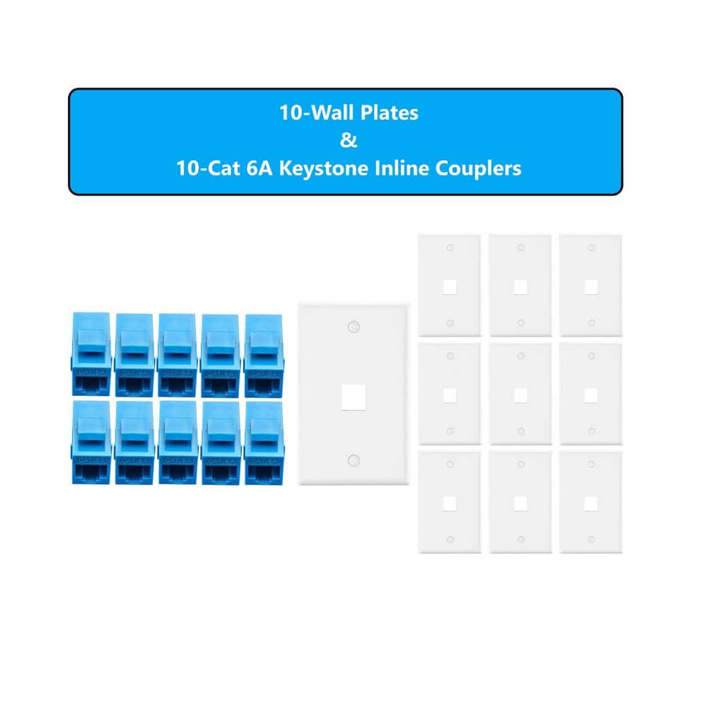 Micro Connectors, Inc 10-Pack 1-Gang White Keystone Plastic Wall Plate 1-Port and 10 Cat 6A RJ45 Keystone Inline Couplers Blue (2)