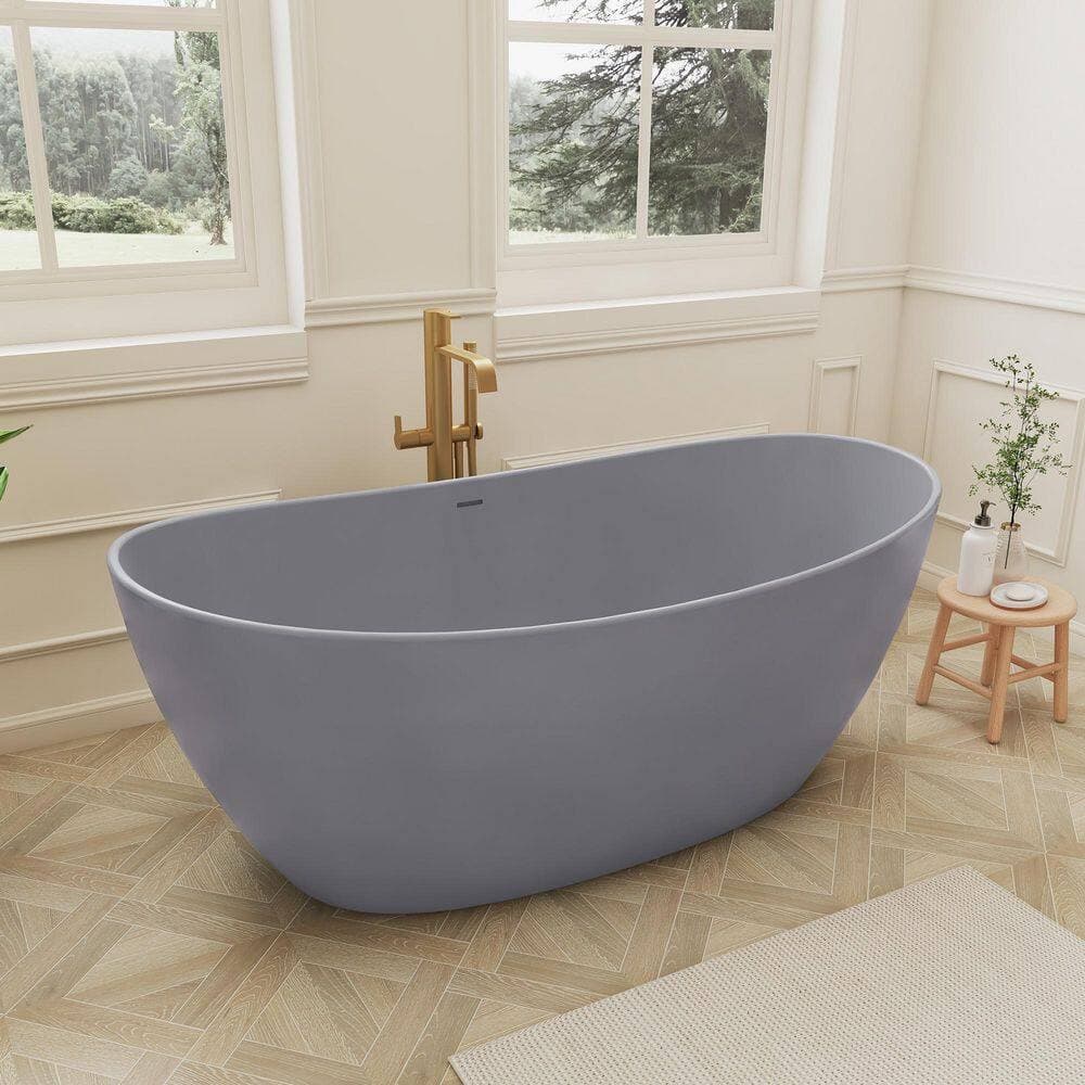 SJ STAR&JANE Oeno 65 in. x 33 in. Extra Wide Stone Resin Freestanding Soaking Bathtub in Light Gray (2)