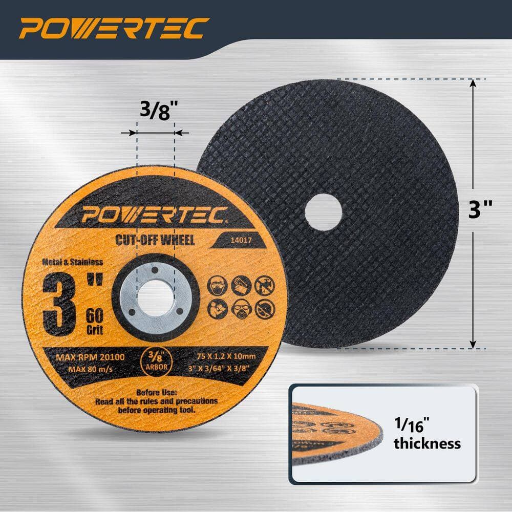 ‎POWERTEC 3 in. Metal Cut Off Wheels, 100-Pack, Iridium-Coated Aluminum Oxide 60 Grit, 1/16" Thick with 3/8" Arbor (3)