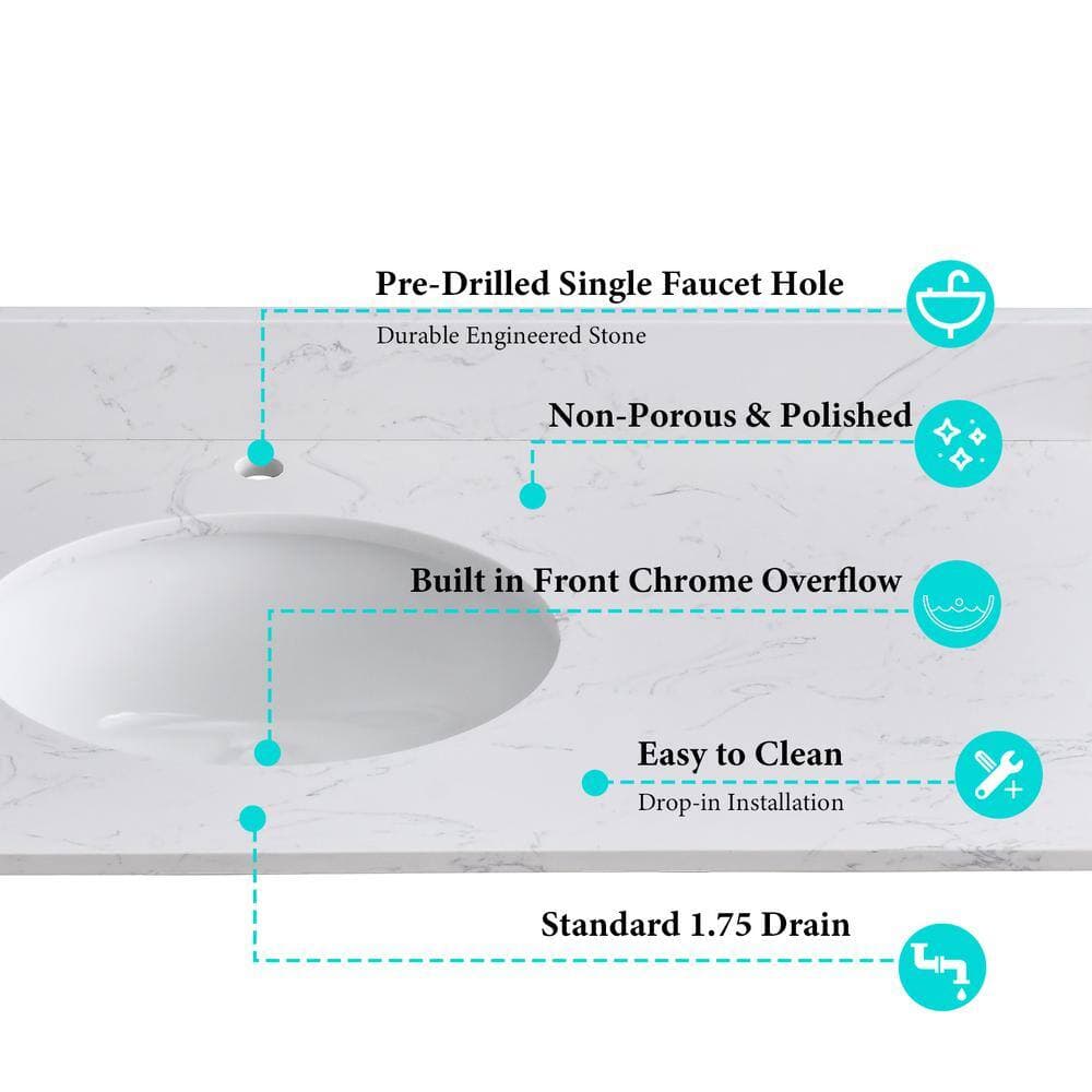 YASINU 48 in. W 22 in. D Engineered Stone Composite White Round Single Sink Vanity Top (2)