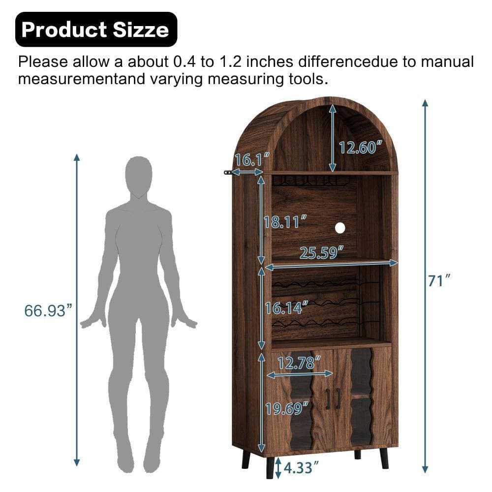 XUJMK 26 in W x 16 in D x 71 in H Linen Cabinet, Pantry Storage Cabinet Arched Bar Cabinet in Brown with Wine Glass Holder (2)