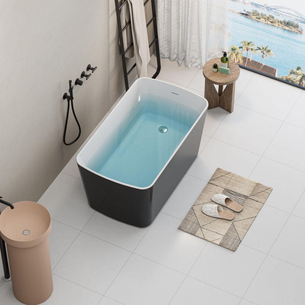 EAKYHOM 49 in. x 28 Freestanding Acrylic Soaking Bathtub with Chrome Overflow & Quick Drain System in Glossy Black (2)