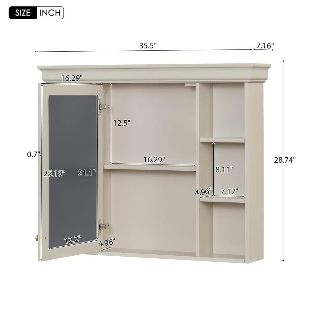 cadeninc 35.5 in. W x 7.16 in. D x 28.74 in. H  Wall Mounted Bathroom Storage Cabinet in Beige with Mirror and 6 Open Shelves (2)