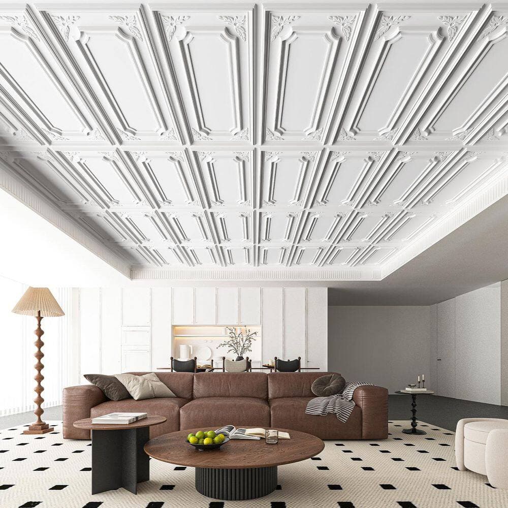 Art3dwallpanels White 2 ft. x 4 ft. Textured PVC Drop In Ceiling Tile, Decorative Glue Up Ceiling for Basement Kitchen (96sq. ft. /case) (2)