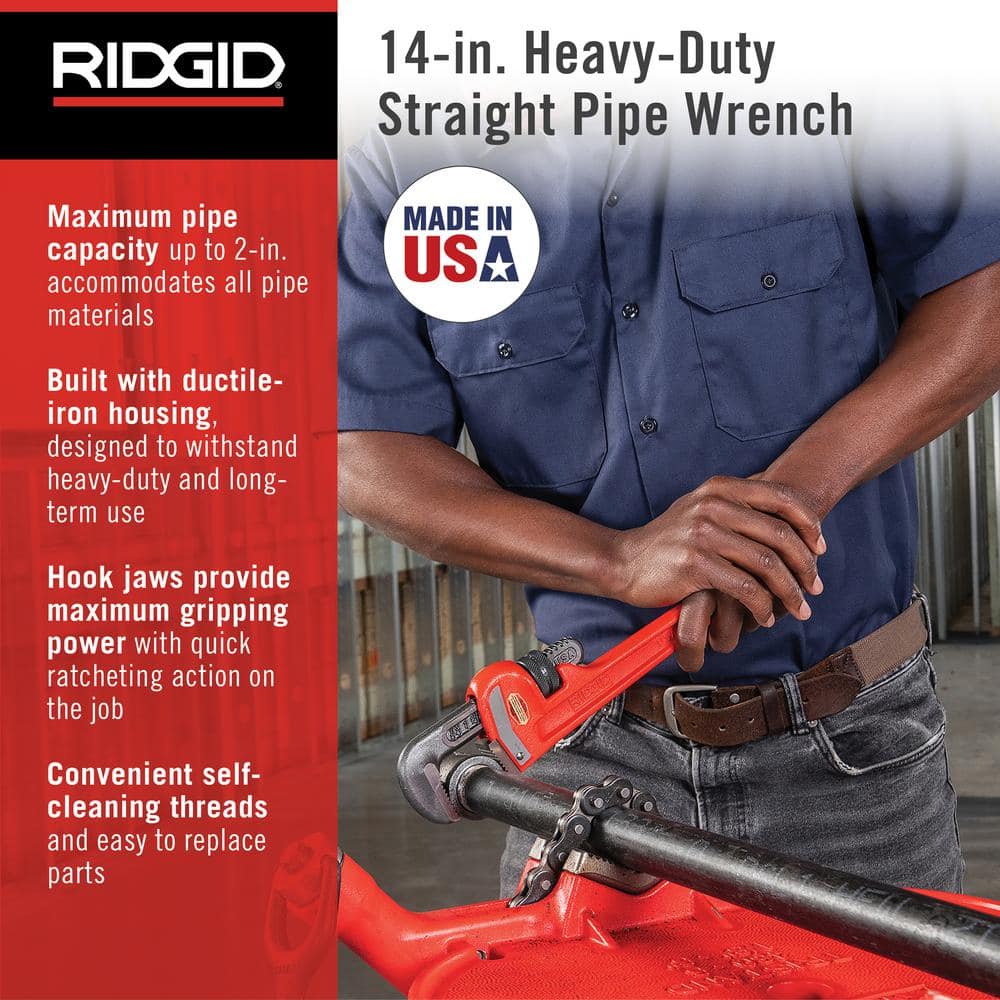 RIDGID Straight Pipe Wrench for Heavy-Duty Plumbing, Sturdy Plumbing Pipe Tool with Self Cleaning Threads and Hook Jaws (2)