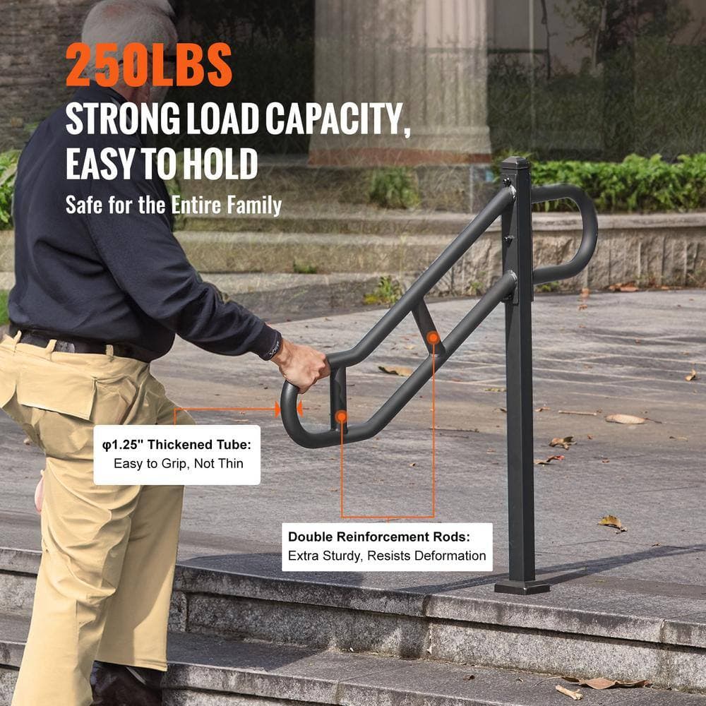 SKYSHALO Single Post Handrail for Outdoor 1-3 Steps 35.43 in. H x 3.46 in. W Black Metal Stair Railing Kit Carbon Steel (3)