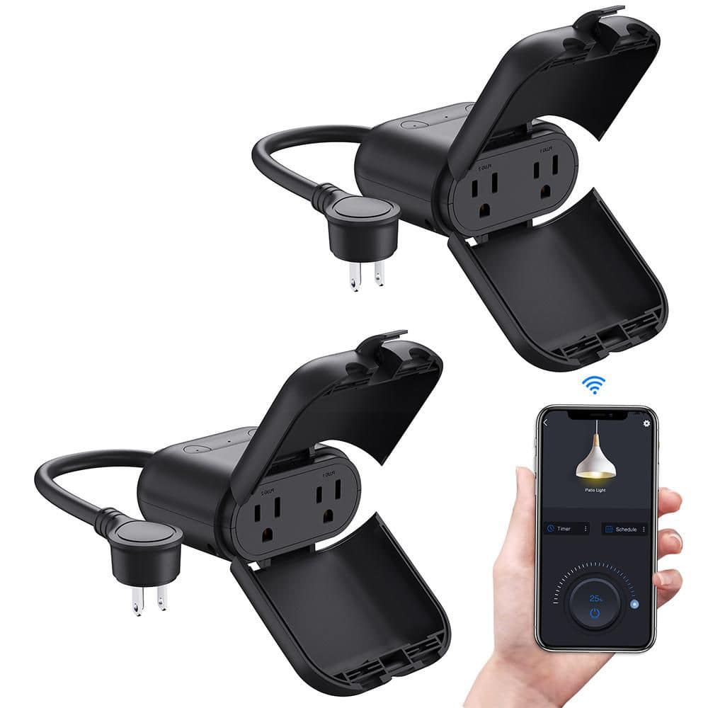 ELEGRP Outdoor Smart Plug with 2 outlets, Works with Alexa and Google Home, Voice and Remote Control (2 pack, Black) (1)