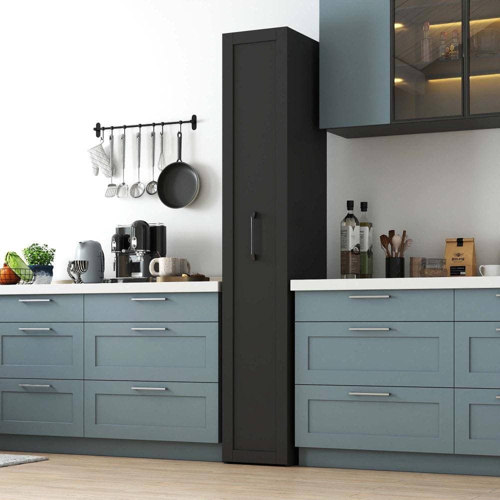 XUJMK 11.81 in. W x 15.75 in. D x 70.45 in. H Linen Cabinet, Pantry Shelf with Handle, Wheels, Spice Rack Next to Fridge Black (2)