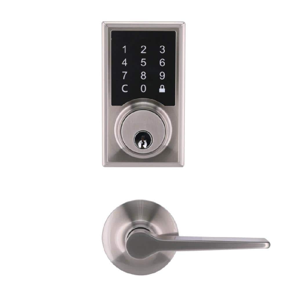 Defiant Square Satin Nickel Electronic Single Cylinder Touchpad Deadbolt with Freedom Hall/Closet Door Lever