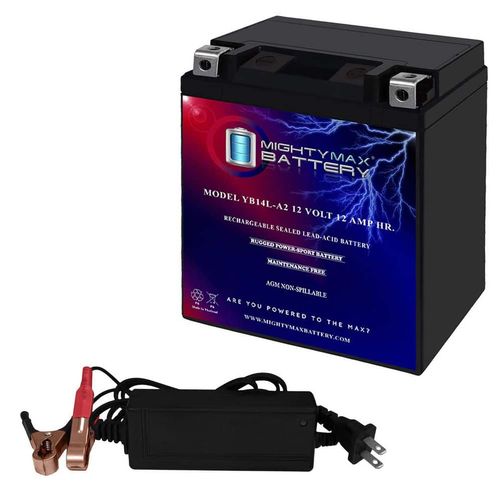Mighty Max Battery YB14L-A2 -12 Volt 12 AH, 210 CCA, Rechargeable Maintenance Free SLA AGM Motorcycle Battery + 12V 2AMP Charger (1)