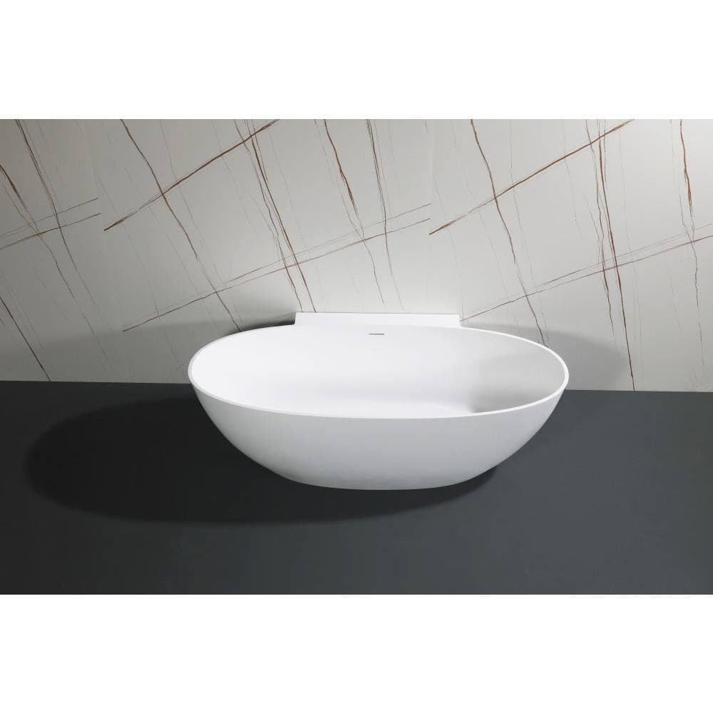 Kingston Brass Arcticstone 71.4 in. x 34.6 in. Solid Surface White Stone Oval Flatbottom Soaking Bathtub with Drain in Matte White (3)