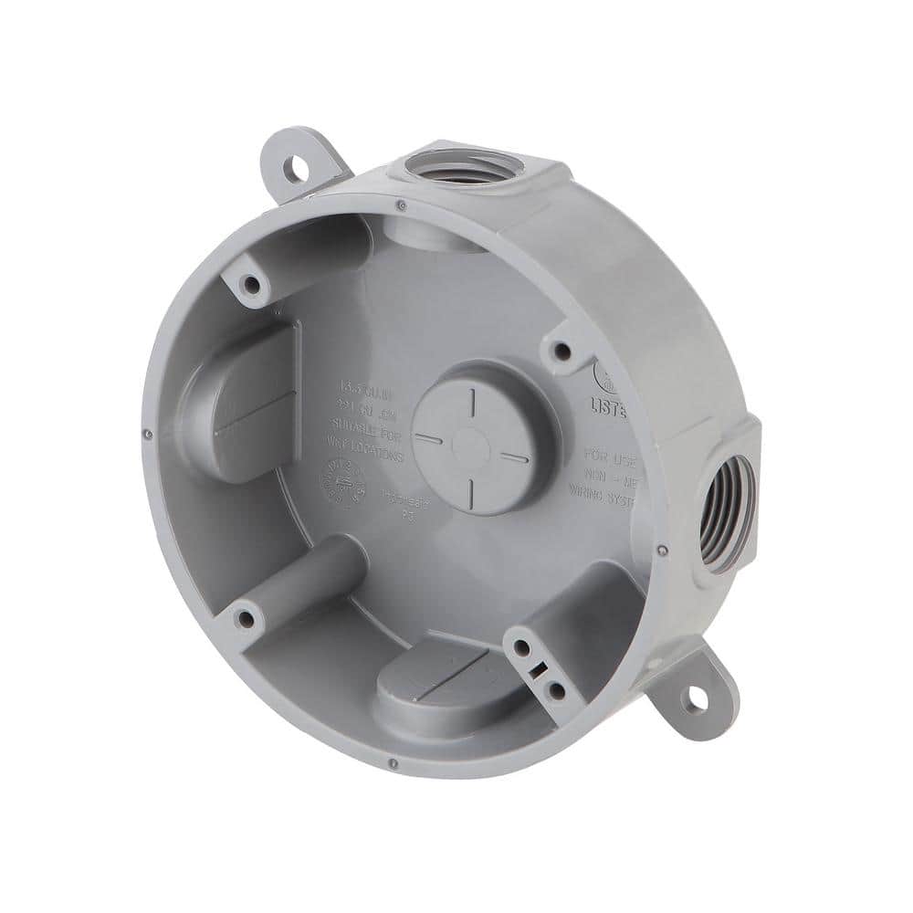 Commercial Electric 4 in. Round Non-Metallic Weatherproof Outlet Box with (5) 1/2 in. Holes, Gray (3)