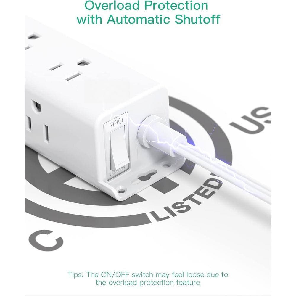 Lukyamzn 5 ft. Flat Plug Extension Cord Power Strip 9-Outlets Widely Spaced Surge Protector Mountable in White (3)