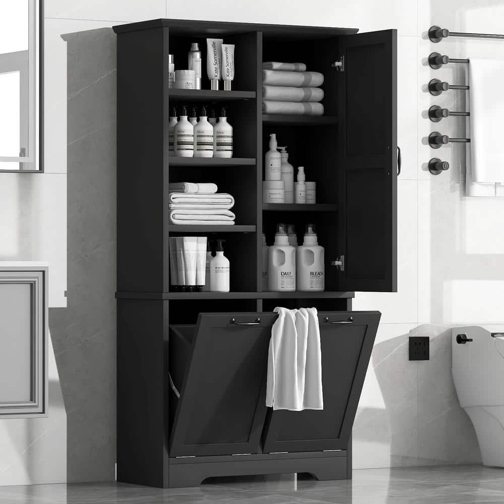 Tileon 31 in. W x 14 in. D x 68 in. H Black Linen Cabinet with Tilt-Out Laundry Hamper and Adjustable Shelf (2)