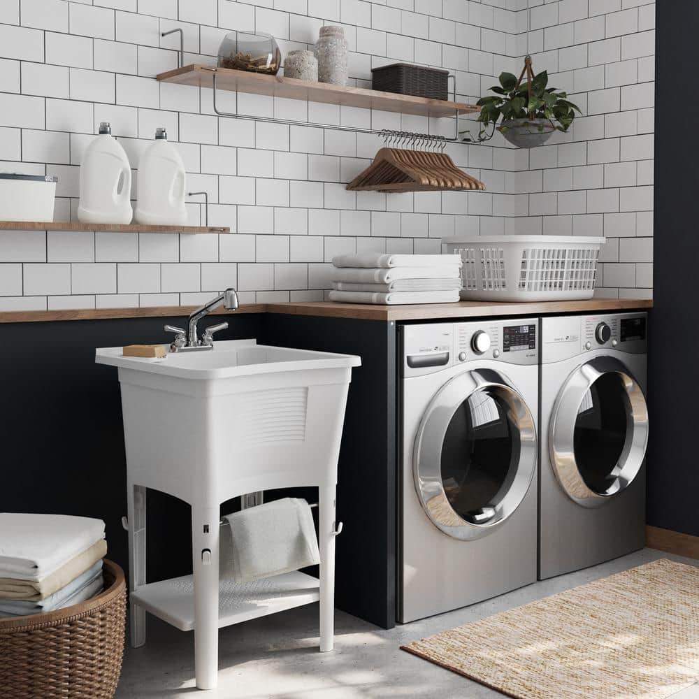 Glacier Bay 24.1 in. L x 24.1 in. W x 36.7 in. H Laundry Sink / Utility Sink Work Center in White with Pull-Out Faucet in Chrome (2)